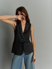 Black Linen Blend Long Line Waistcoat - Image 3 of 7