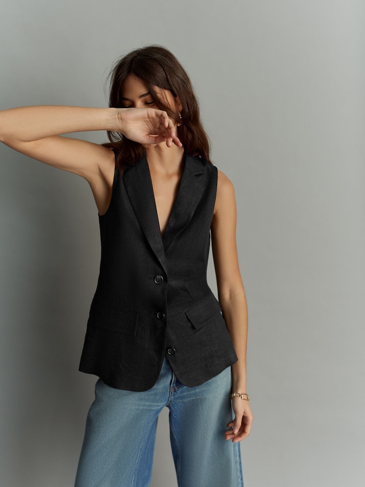 Black Linen Blend Long Line Waistcoat - Image 3 of 7