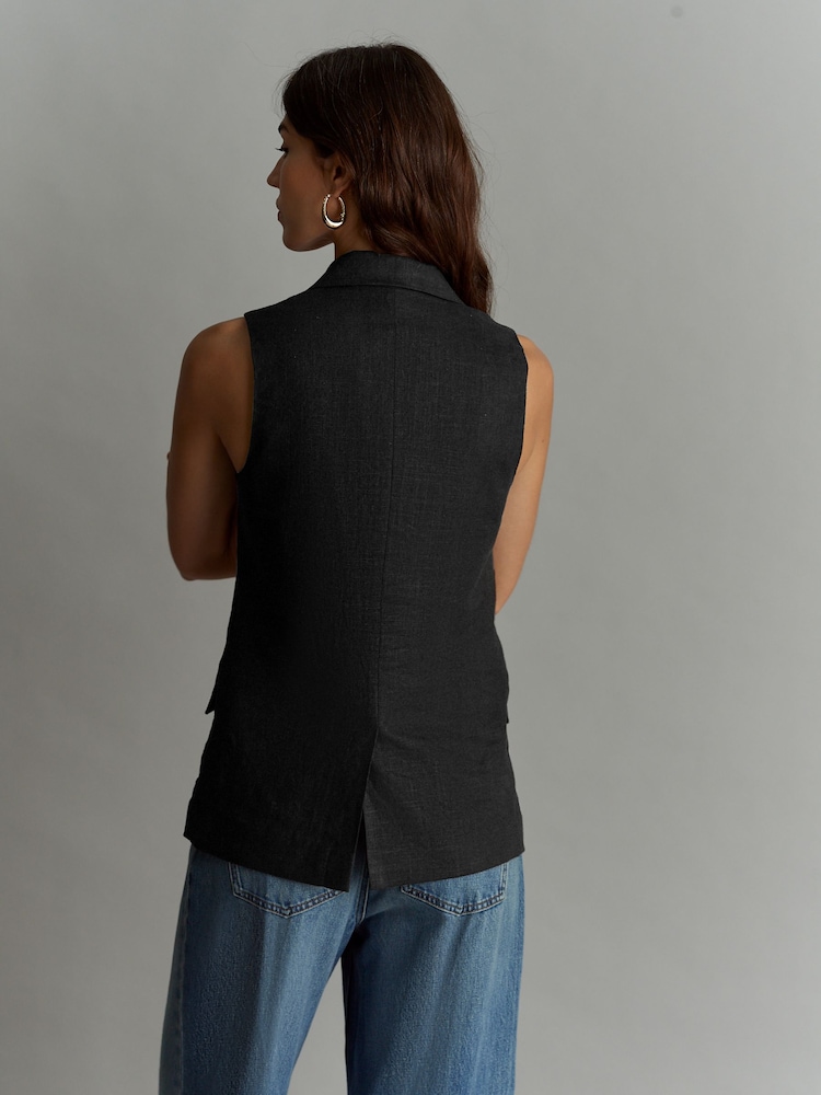 Black Linen Blend Long Line Waistcoat - Image 4 of 7