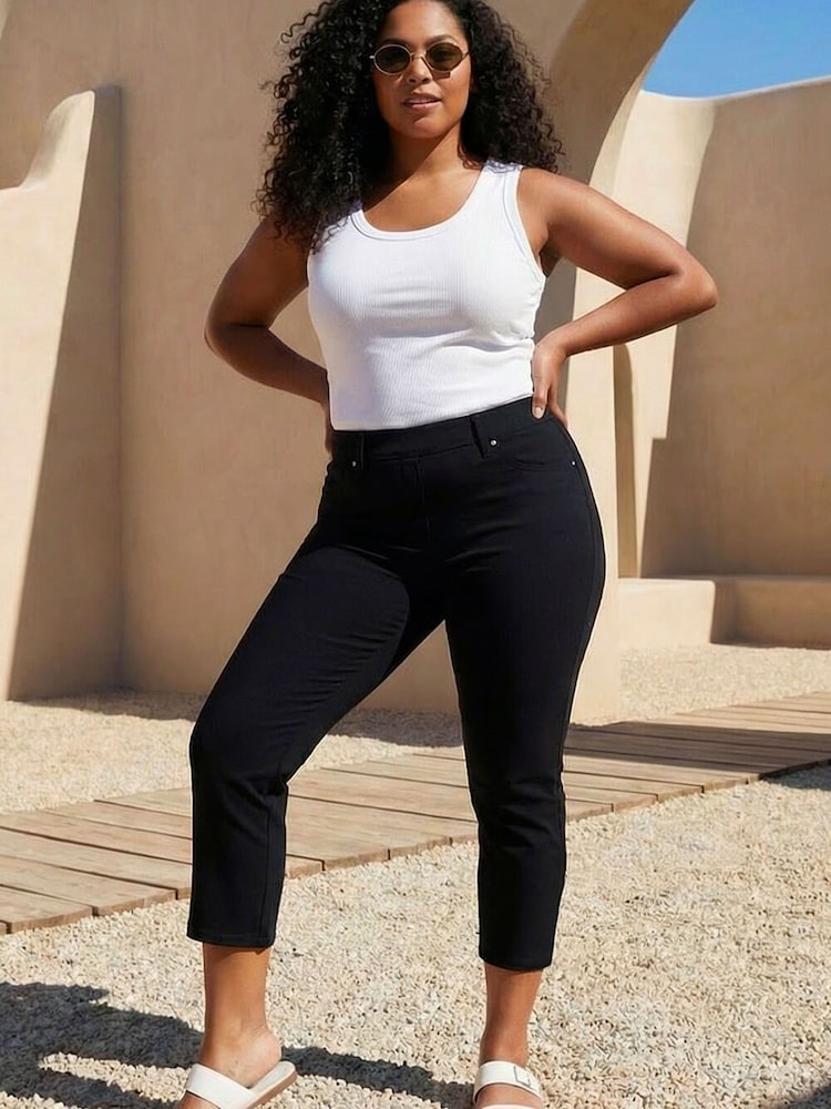 Roman Black Curve Cropped Stretch Denim Leggings - Image 1 of 4 Roman Black Curve Cropped Stretch Denim Leggings - Image 1 of 4