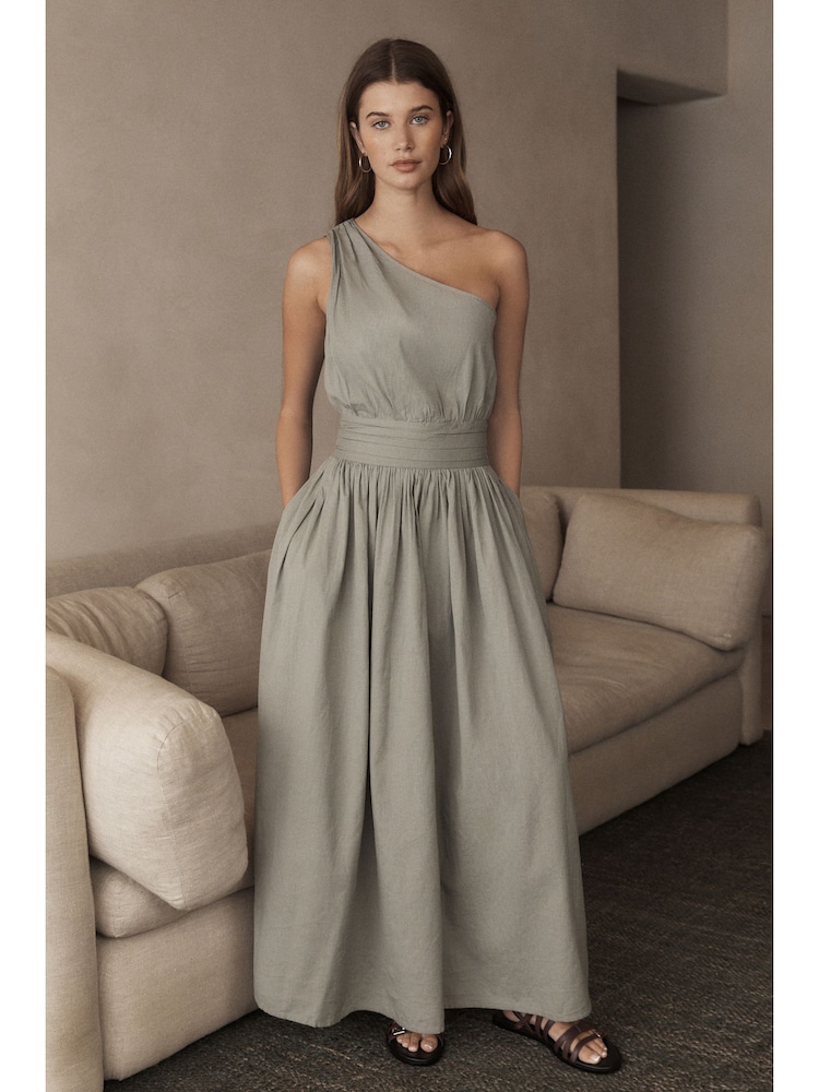 Green Premium One Shoulder Midi Dress With Linen - Image 1 of 6 Green Premium One Shoulder Midi Dress With Linen - Image 1 of 6