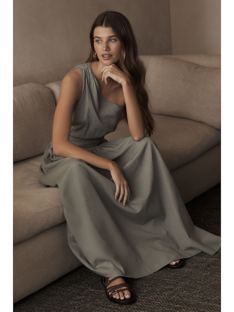 Green Premium One Shoulder Midi Dress With Linen - Image 2 of 6 Green Premium One Shoulder Midi Dress With Linen - Image 2 of 6