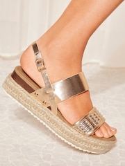 Friends Like These Gold Regular Fit Woven Espadrille Faux Leather Flatform Sandal - Image 2 of 4