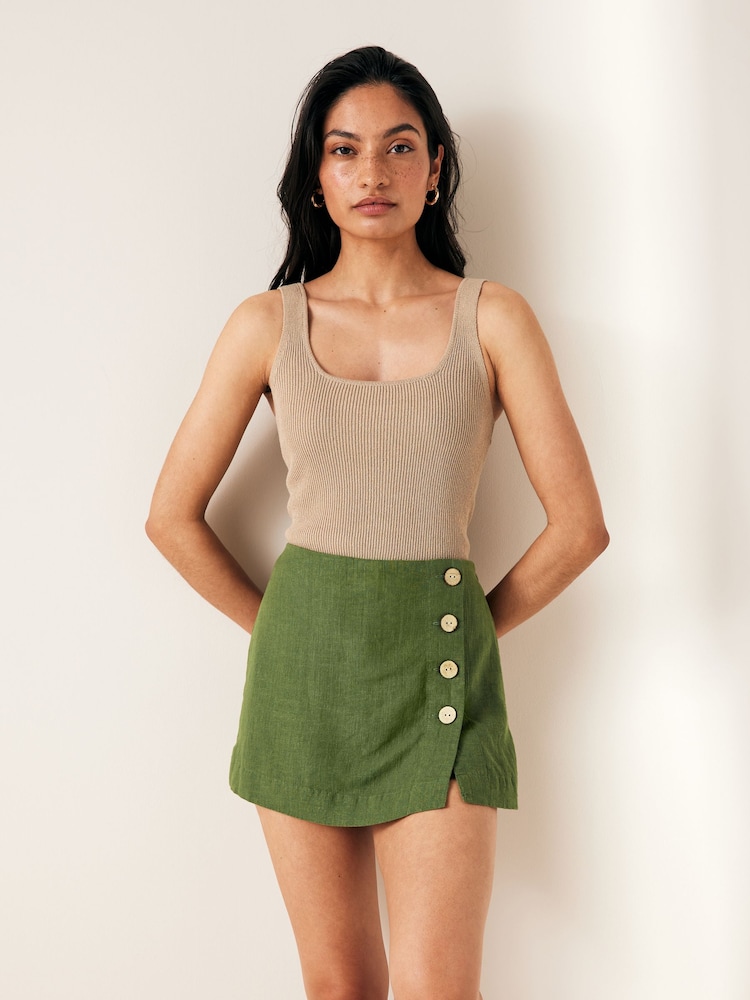 Khaki Green Linen Blend Skort - Image 1 of 8
