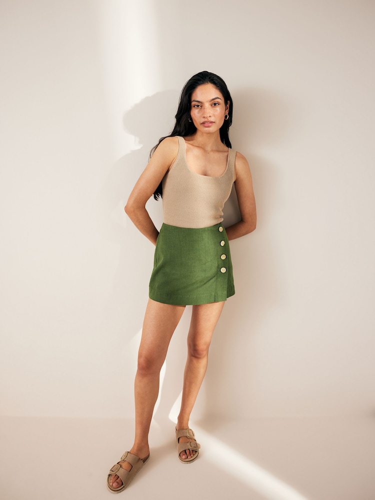Khaki Green Linen Blend Skort - Image 2 of 8