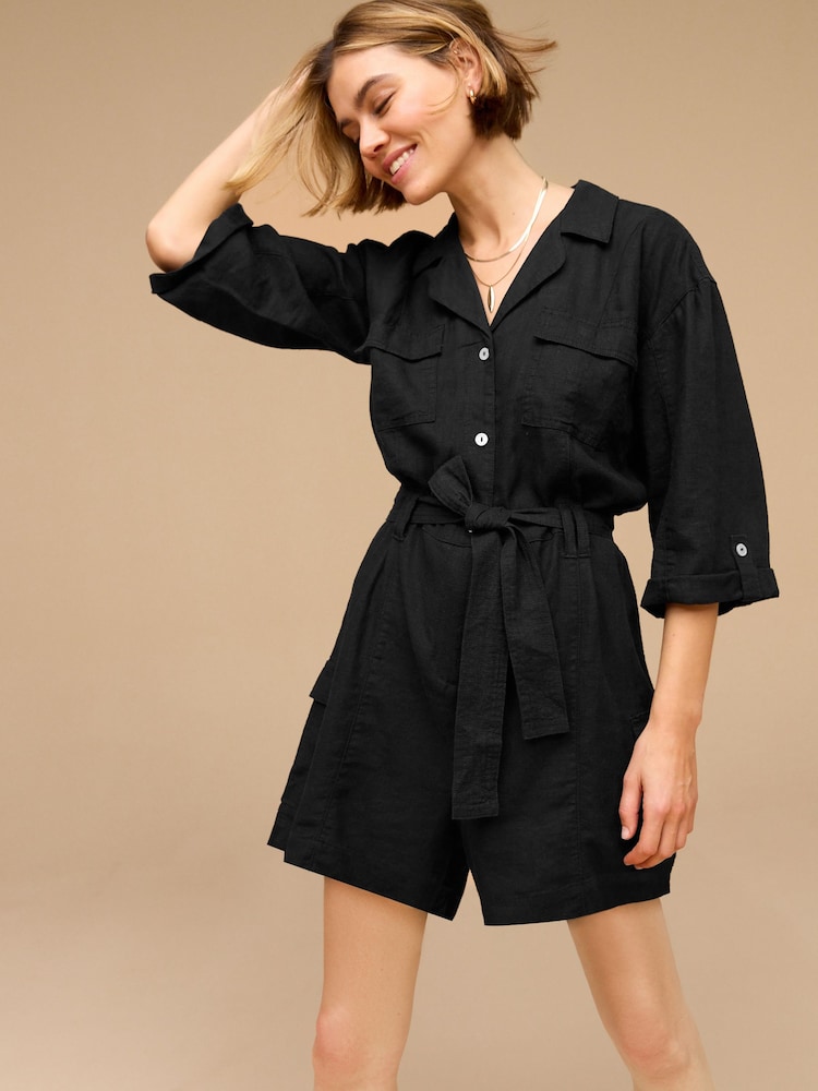 Black Utility Playsuit with Linen - Image 1 of 6