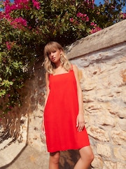 Red Square Neck Shift Mini Dress With Linen - Image 1 of 5