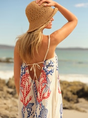 White/Blue/Red Tie Back Maxi Dress With Linen - Image 2 of 6