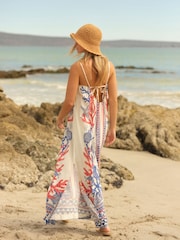 White/Blue/Red Tie Back Maxi Dress With Linen - Image 3 of 6