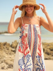 White/Blue/Red Tie Back Maxi Dress With Linen - Image 4 of 6