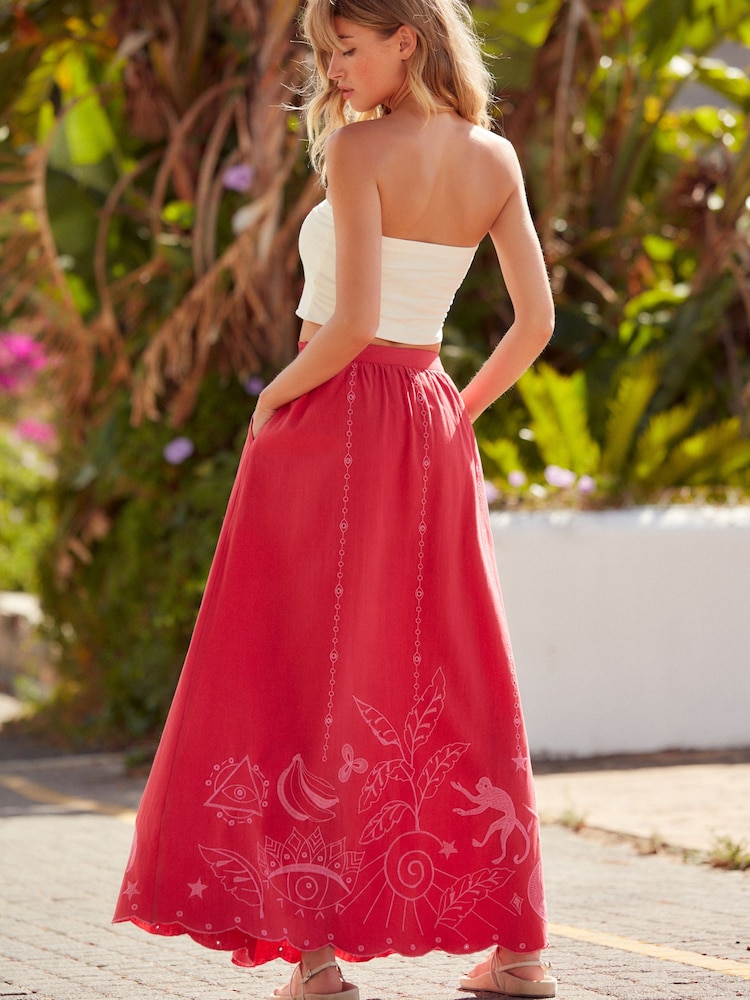 Red/Pink Embroidered Summer Midi Skirt - Image 2 of 6