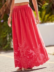 Red/Pink Embroidered Summer Midi Skirt - Image 3 of 6