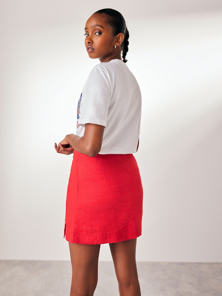 Red Linen Blend Mini Skirt - Image 2 of 5