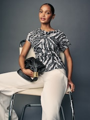 Mono Zebra Print Short Sleeve Cowl Neck Top - Image 1 of 7