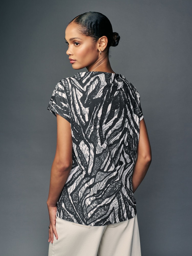 Mono Zebra Print Short Sleeve Cowl Neck Top - Image 2 of 7