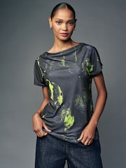 Navy Print Short Sleeve Cowl Neck Top - Image 1 of 8