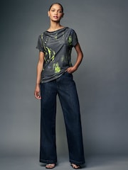 Navy Print Short Sleeve Cowl Neck Top - Image 2 of 8