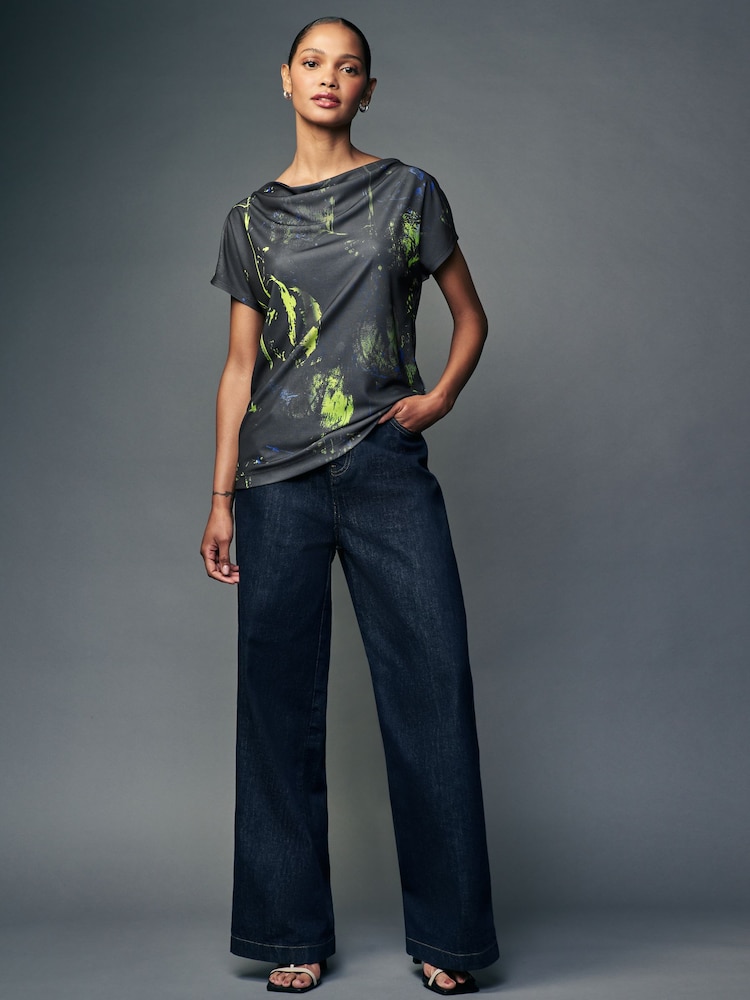 Navy Print Short Sleeve Cowl Neck Top - Image 2 of 8
