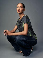 Navy Print Short Sleeve Cowl Neck Top - Image 3 of 8