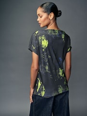 Navy Print Short Sleeve Cowl Neck Top - Image 4 of 8