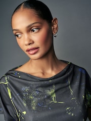 Navy Print Short Sleeve Cowl Neck Top - Image 5 of 8