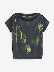 Navy Print Short Sleeve Cowl Neck Top - Image 6 of 8