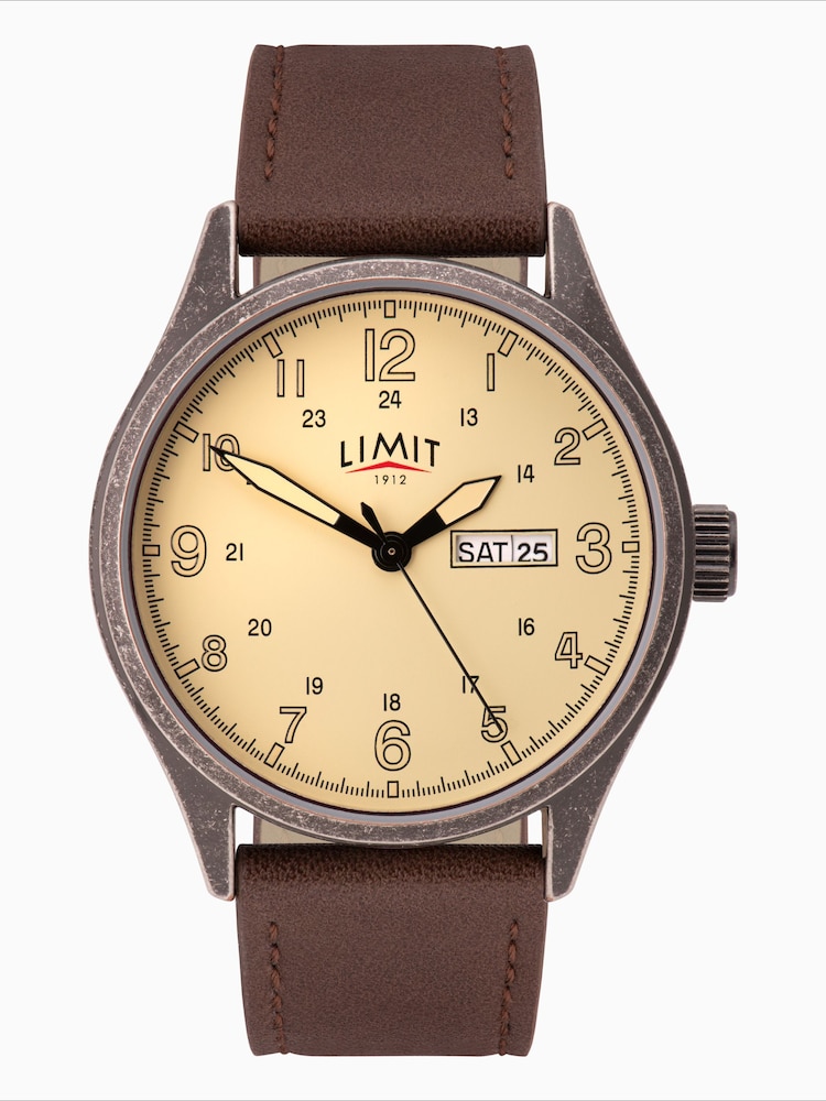 Limit Brown Limit Classic 43mm Mens Round Silver Analogue Watch with Brown Strap - Image 1 of 4