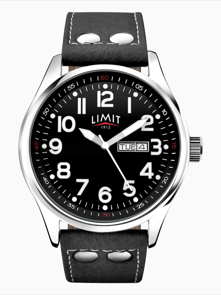 Limit Black Limit Pilot 43mm Mens Round Silver Analogue Watch with Black Strap - Image 1 of 4