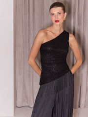 Lipsy Black Lace Fringe One Shoulder Top - Image 1 of 6