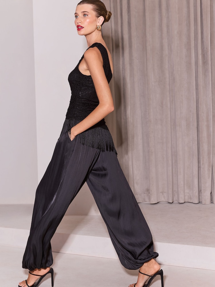 Lipsy Black Lace Fringe One Shoulder Top - Image 2 of 6 Lipsy Black Lace Fringe One Shoulder Top - Image 2 of 6