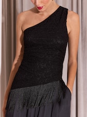 Lipsy Black Lace Fringe One Shoulder Top - Image 3 of 6