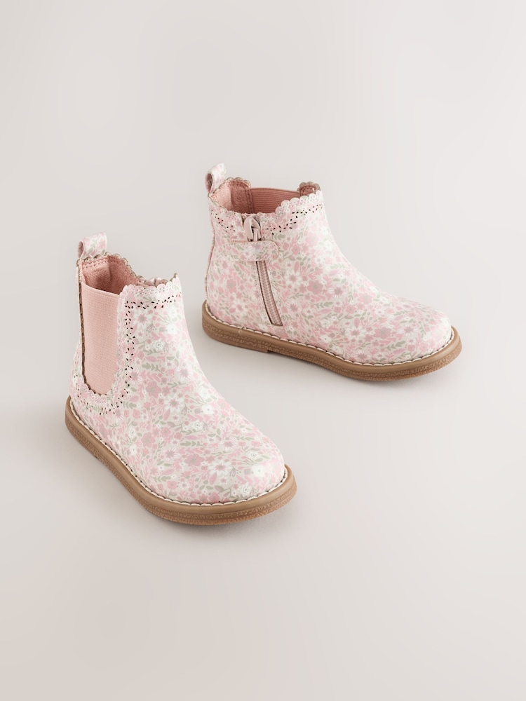 Pale Pink Floral Standard Fit (F) Chelsea Ankle Boots - Image 1 of 5 Pale Pink Floral Standard Fit (F) Chelsea Ankle Boots - Image 1 of 5