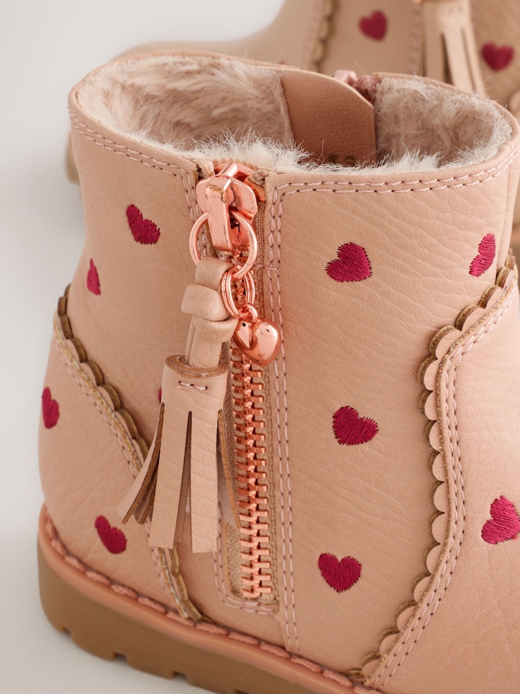Pink Heart Embroidery Wide Fit (G) Chelsea Zip Tassel Ankle Boots - Image 2 of 4