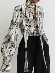 Reiss Black/White Kennedy Floral-Print Tie-Neck Blouse - Image 1 of 6