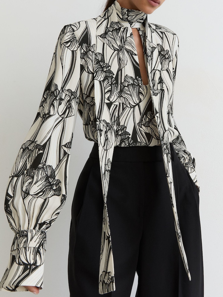 Reiss Black/White Kennedy Floral-Print Tie-Neck Blouse - Image 1 of 6 Reiss Black/White Kennedy Floral-Print Tie-Neck Blouse - Image 1 of 6