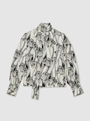 Reiss Black/White Kennedy Floral-Print Tie-Neck Blouse - Image 2 of 6
