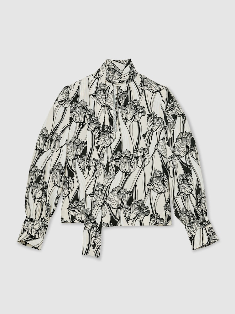 Reiss Black/White Kennedy Floral-Print Tie-Neck Blouse - Image 2 of 6 Reiss Black/White Kennedy Floral-Print Tie-Neck Blouse - Image 2 of 6