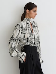 Reiss Black/White Kennedy Floral-Print Tie-Neck Blouse - Image 5 of 6