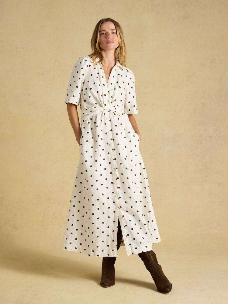 Joules Marina Cream Spot Knot Linen Midi Dress - Image 1 of 7 Joules Marina Cream Spot Knot Linen Midi Dress - Image 1 of 7