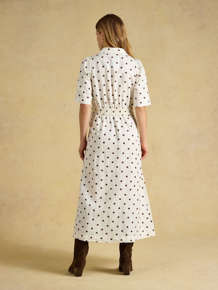 Joules Marina Cream Spot Knot Linen Midi Dress - Image 2 of 7 Joules Marina Cream Spot Knot Linen Midi Dress - Image 2 of 7