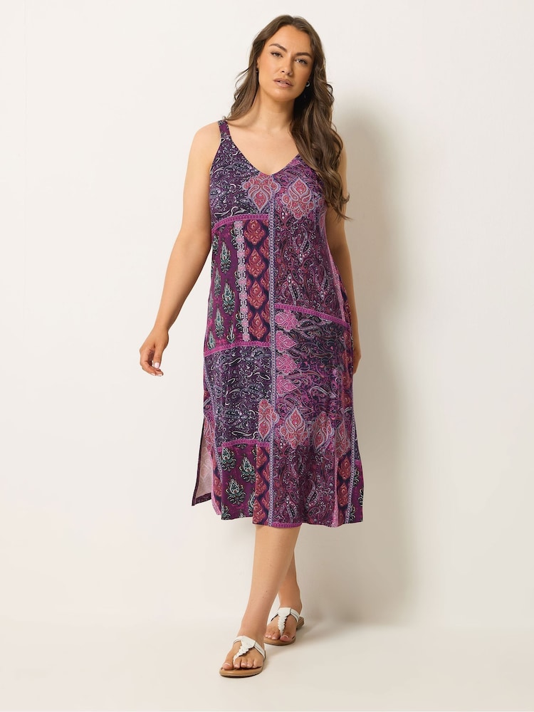 Yours Curve Purple Throw On All Over Print Midaxi Dress - Image 2 of 5