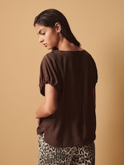 Chocolate Brown Gathered Short Sleeve Textured Boxy T-Shirt - Image 3 of 7