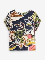 Navy Floral Print Gathered Short Sleeve Textured Boxy T-Shirt - Image 1 of 2