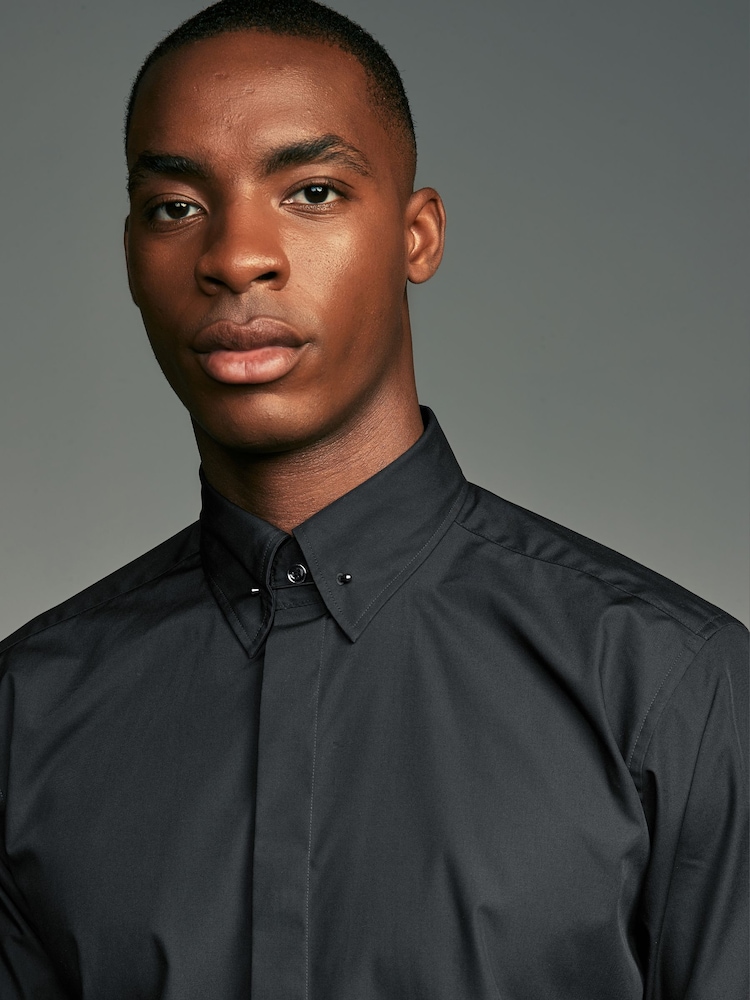 Black Regular Fit Long Sleeve Single Cuff Pin Collar Oxford Shirt - Image 1 of 9