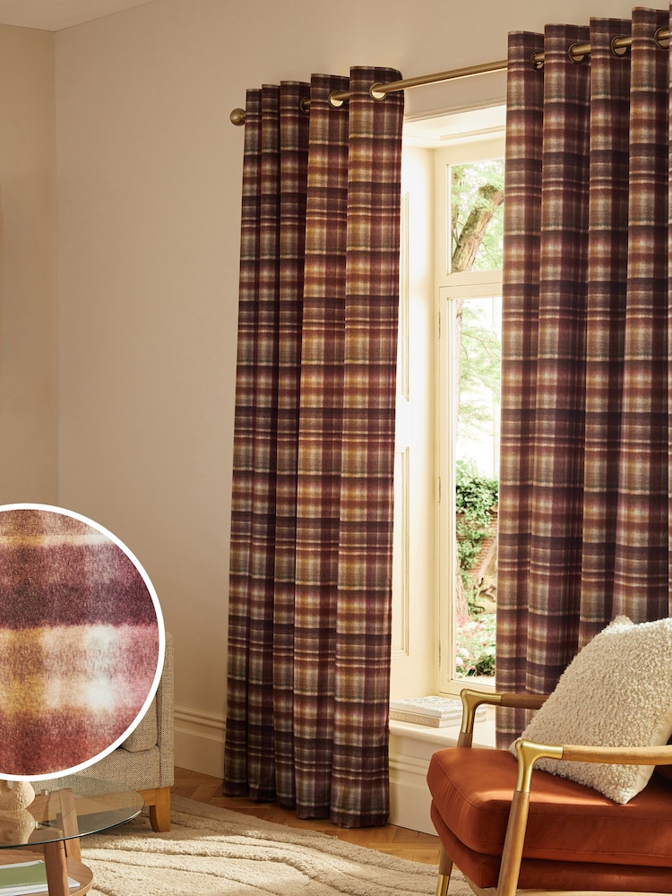 Orange/Plum Velvet Check Eyelet Lined Curtains - Image 2 of 6