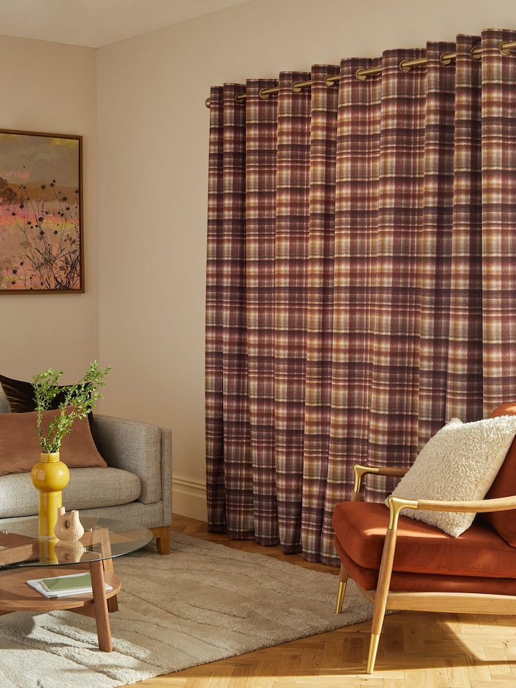 Orange/Plum Velvet Check Eyelet Lined Curtains - Image 3 of 6