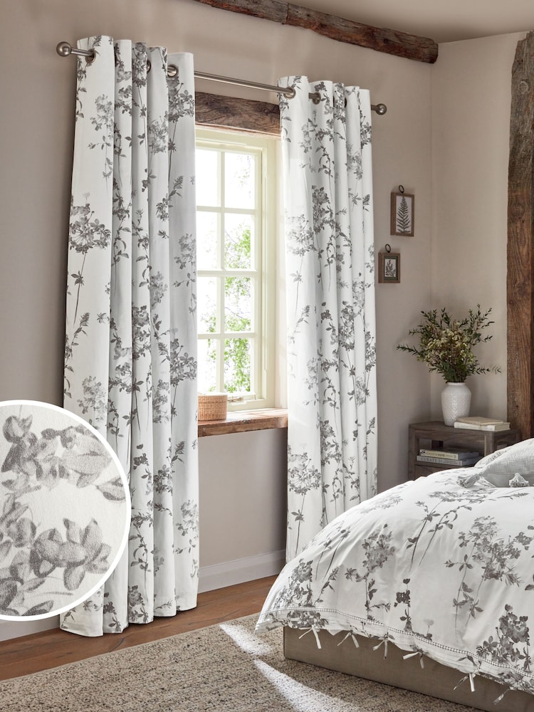 Grey Floral Eyelet Blackout/Thermal Curtains - Image 3 of 8