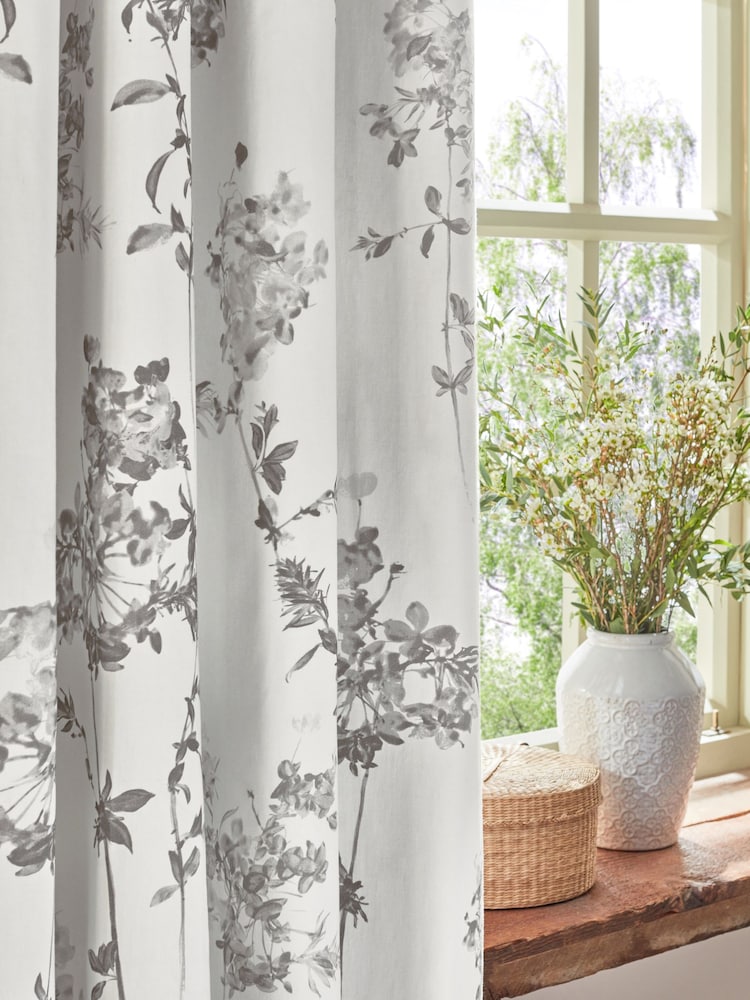 Grey Floral Eyelet Blackout/Thermal Curtains - Image 5 of 8