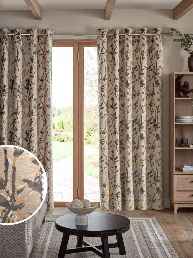Natural Collection Luxe Heavyweight Cut Velvet Floral Eyelet Lined Curtains - Image 2 of 5