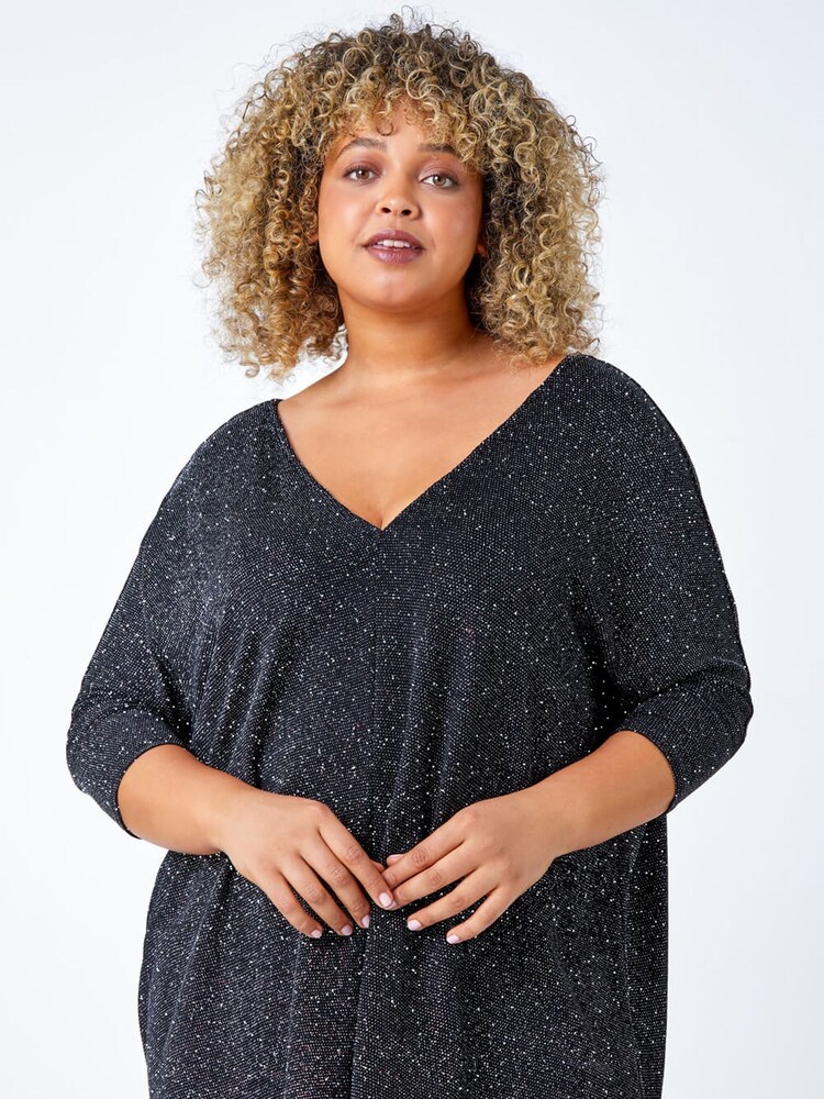 Roman Metallic Curve Back Bar Glitter Stretch Top - Image 1 of 5